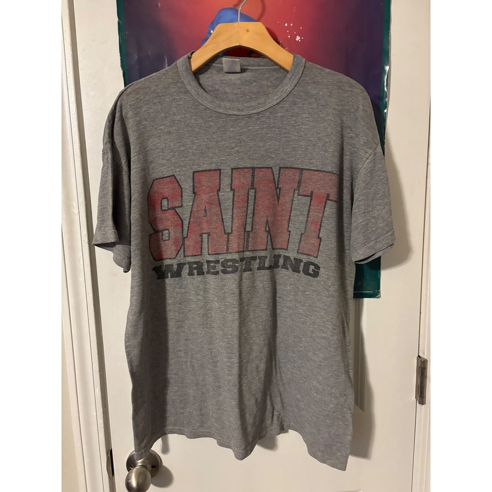 Vintage Russell Athletic Saint Wrestling T-Shirt Mens Medium Heather Grey thin